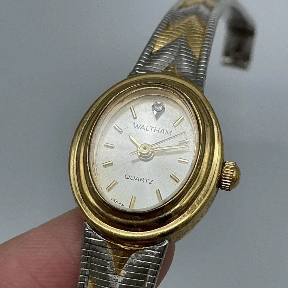 Vintage Waltham Diamond Womens Watch 18mm Silver Gold Two Tone New Battery